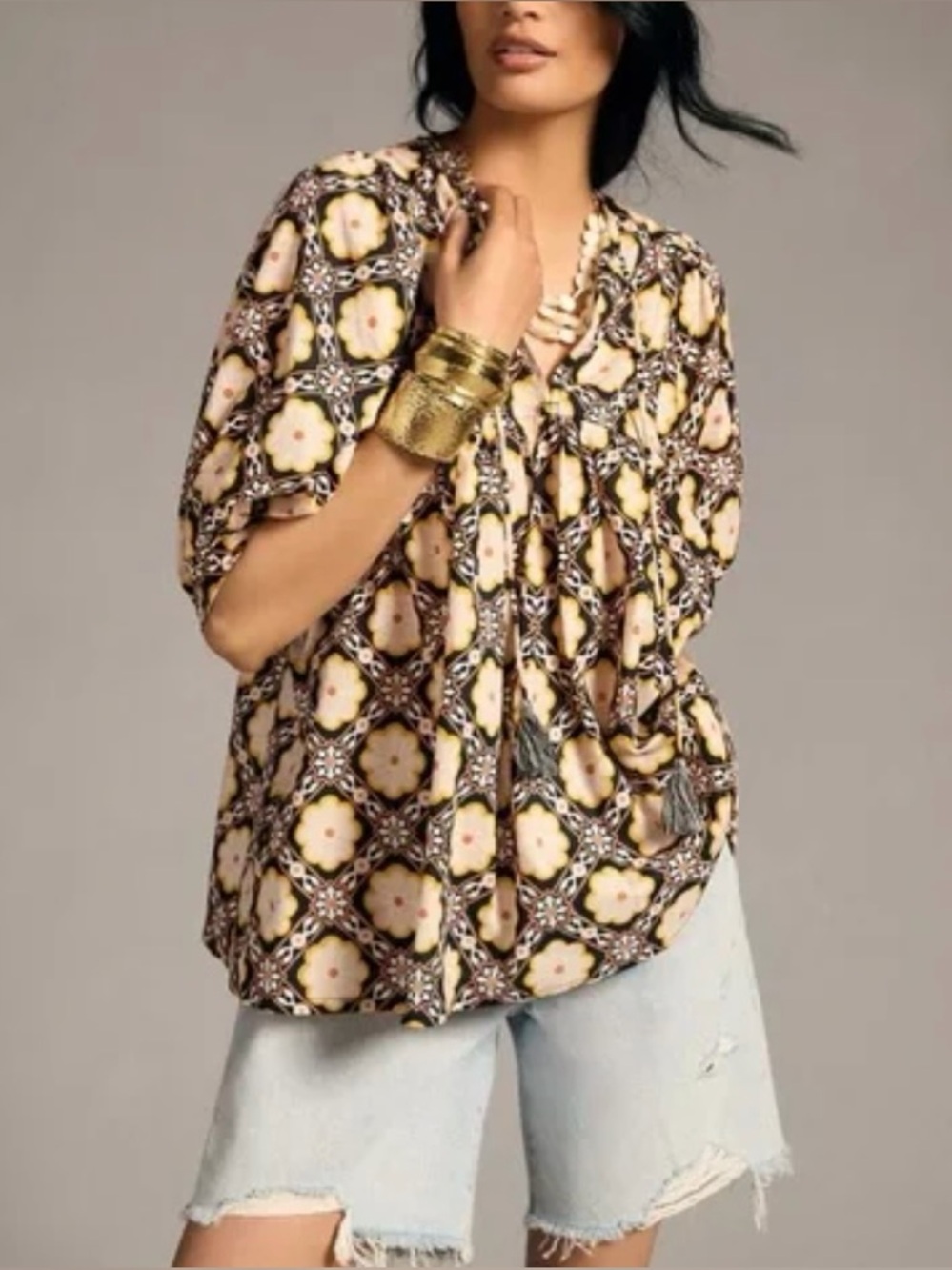 Mille THALIA TOP Merida Size L Puff Sleeve Peasant Top Floral Print Tasseled Tie